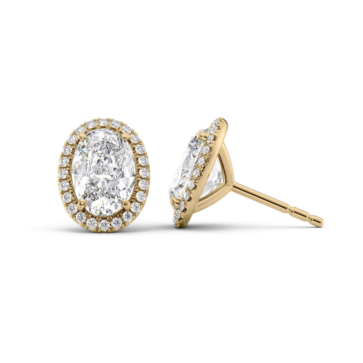 Halo Stud Earrings Set With Oval Lab Diamonds. A Yellow Gold Diamond Stud Earrings Set With A 3ct Oval Lab Diamond. White Background.