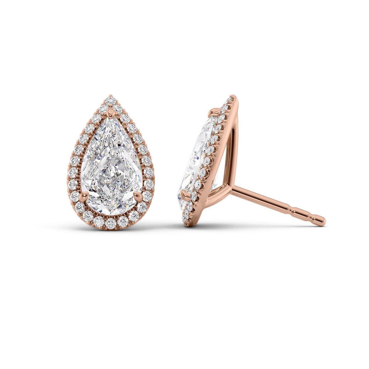 Halo Stud Earrings Set With Pear Lab Diamonds. A Rose Gold Diamond Stud Earrings Set With A 4ct Princess Lab Diamond. White Background.