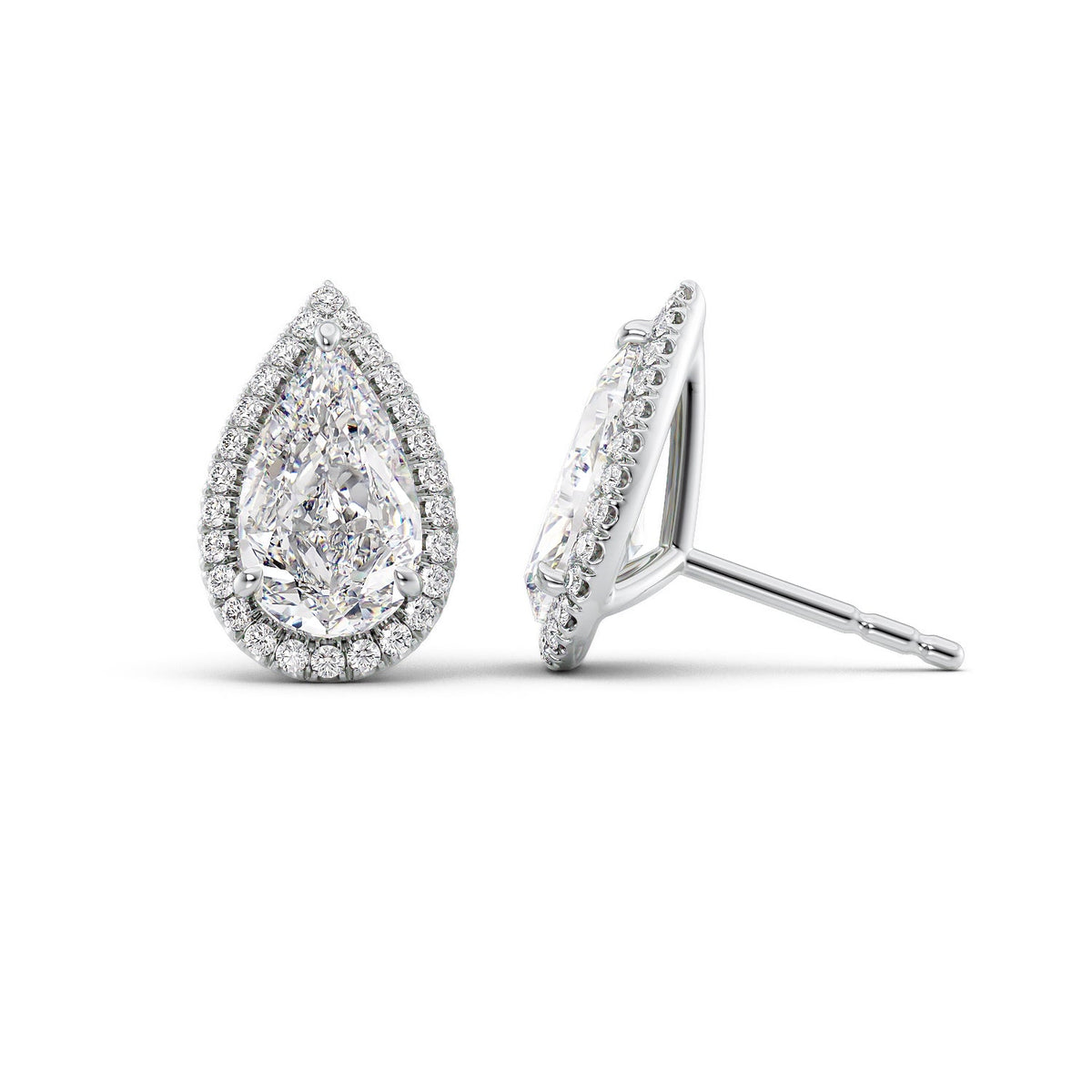 Halo Stud Earrings Set With Pear Lab Diamonds. A White Gold Diamond Stud Earrings Set With A 3ct Princess Lab Diamond. White Background.