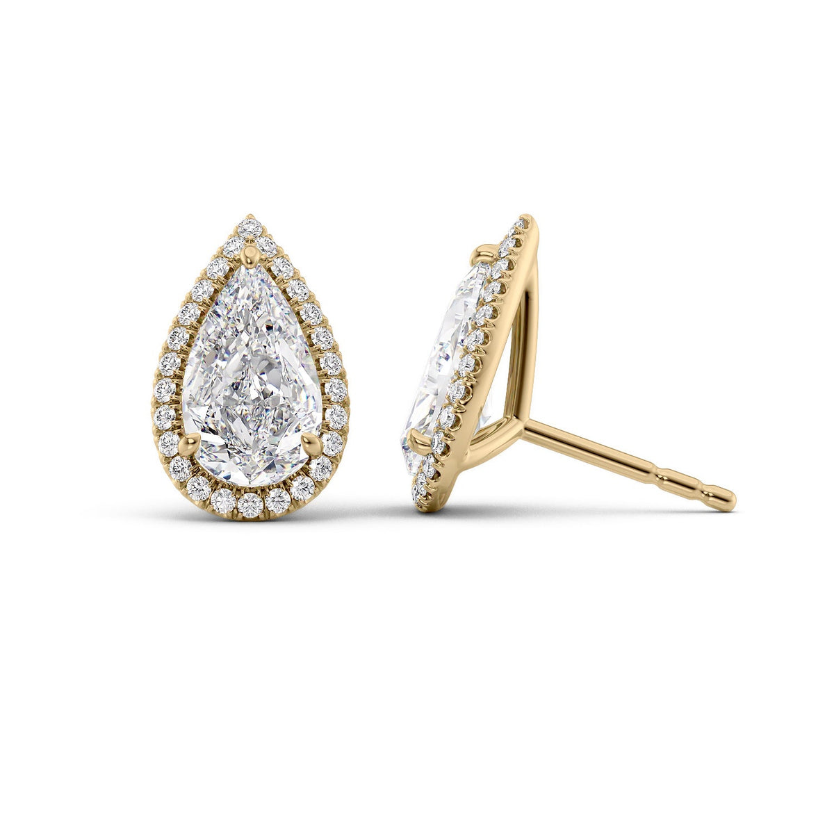 Halo Stud Earrings Set With Pear Lab Diamonds. A Yellow Gold Diamond Stud Earrings Set With A 3ct Princess Lab Diamond. White Background.
