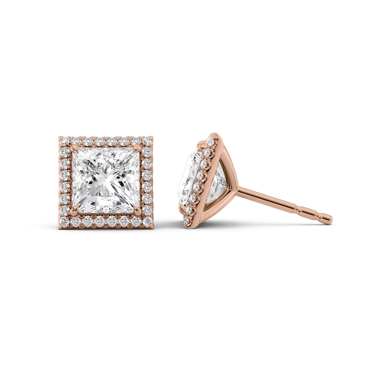 Halo Stud Earrings Set With Princess Lab Diamonds. A Rose Gold Diamond Stud Earrings Set With A 2ct Pear Lab Diamond. White Background.
