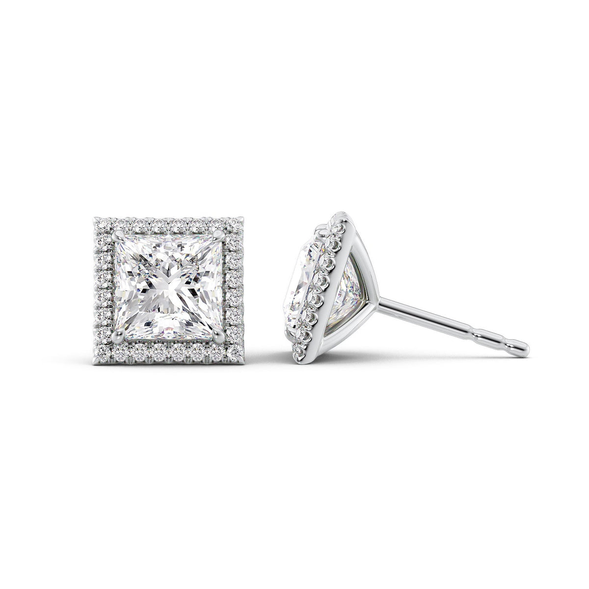 Halo Stud Earrings Set With Princess Lab Diamonds. A White Gold Diamond Stud Earrings Set With A 3ct Pear Lab Diamond. White Background.