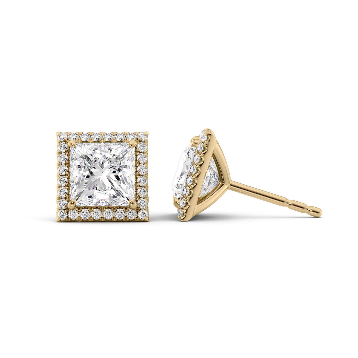 Halo Stud Earrings Set With Princess Lab Diamonds. A Yellow Gold Diamond Stud Earrings Set With A 4ct Pear Lab Diamond. White Background.