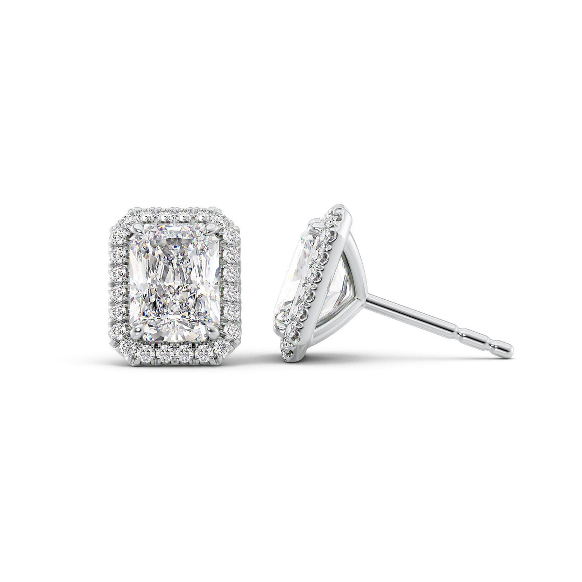 Halo Stud Earrings Set With Radiant Lab Diamonds. A White Gold Diamond Stud Earrings Set With A 5ct Radiant Lab Diamond. White Background.