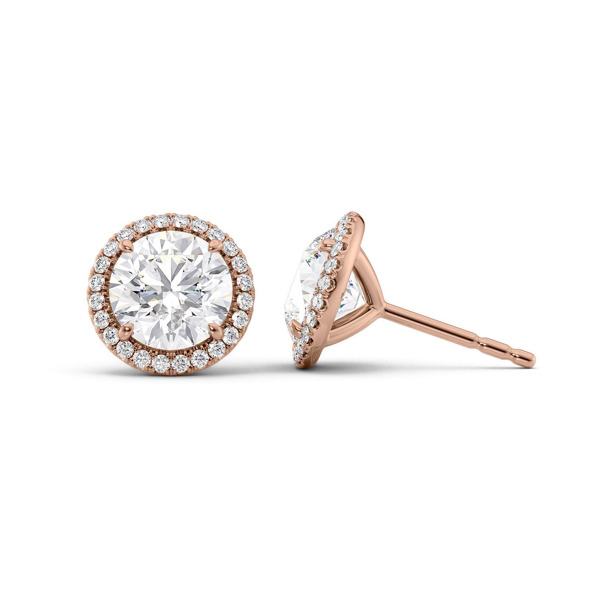 Halo Stud Earrings Set With Round Lab Diamonds. A Rose Gold Diamond Stud Earrings Set With 3tcw Round Lab Diamonds (1.5ct Each). White Background.