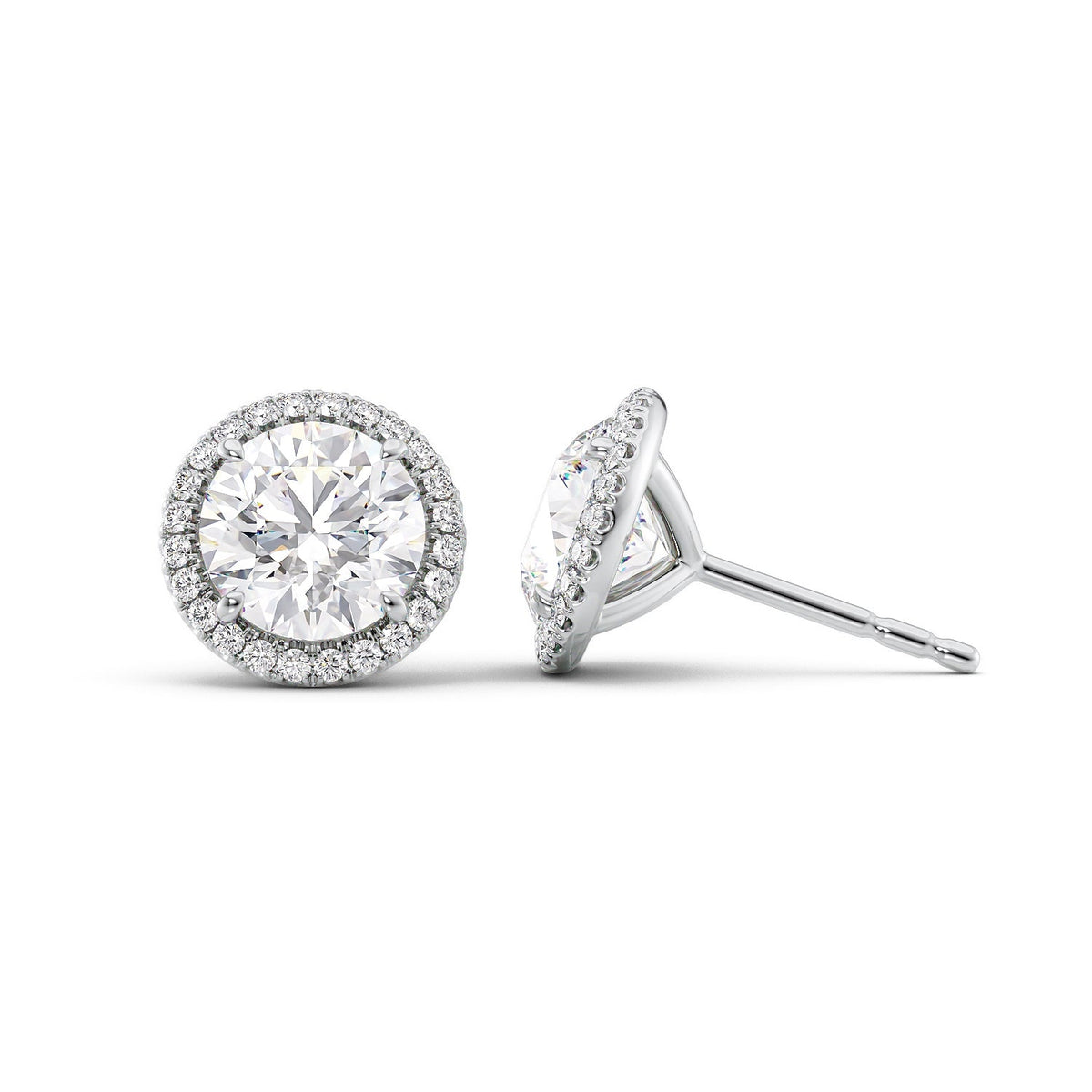 Halo Stud Earrings Set With Round Lab Diamonds. A White Gold Diamond Stud Earrings Set With 3tcw Round Lab Diamonds (1.5ct Each). White Background.
