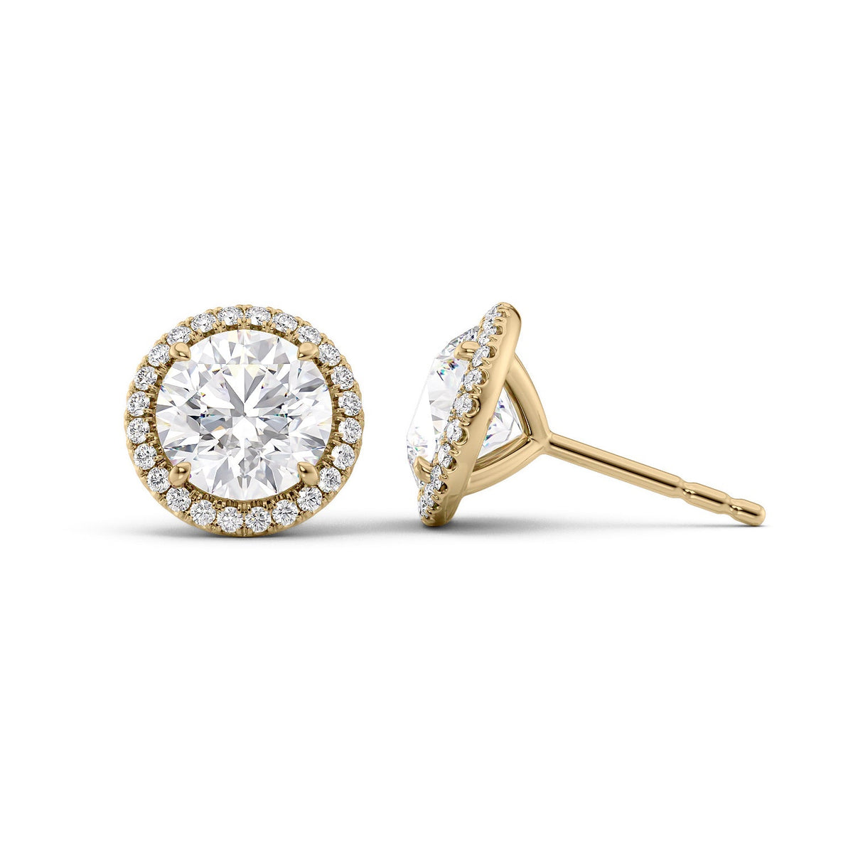 Halo Stud Earrings Set With Round Lab Diamonds. A Yellow Gold Diamond Stud Earrings Set With 3tcw Round Lab Diamonds (1.5ct Each). White Background.