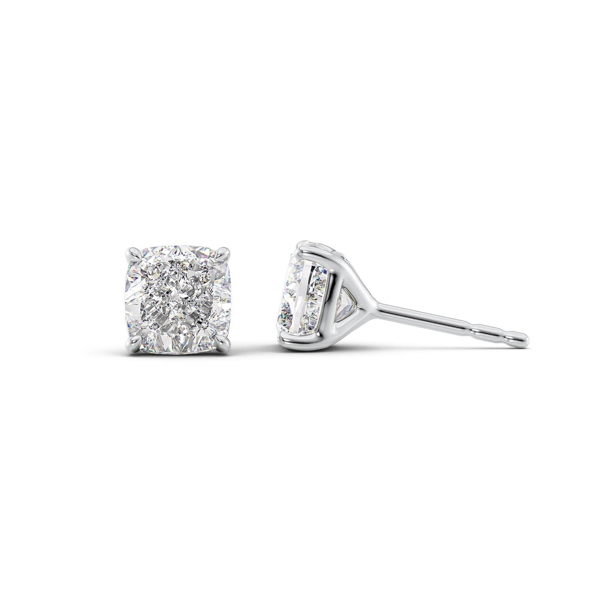 Stud Earrings Set With Cushion Lab Diamonds. A White Gold Diamond Stud Earrings Set With A 1ct Cushion Lab Diamond. White Background.