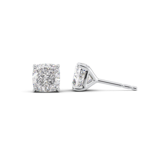 Stud Earrings Set With Cushion Lab Diamonds. A White Gold Diamond Stud Earrings Set With A 1ct Cushion Lab Diamond. White Background.