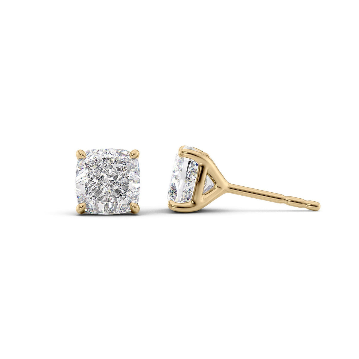 Stud Earrings Set With Cushion Lab Diamonds. A Yellow Gold Diamond Stud Earrings Set With A 4ct Cushion Lab Diamond. White Background.