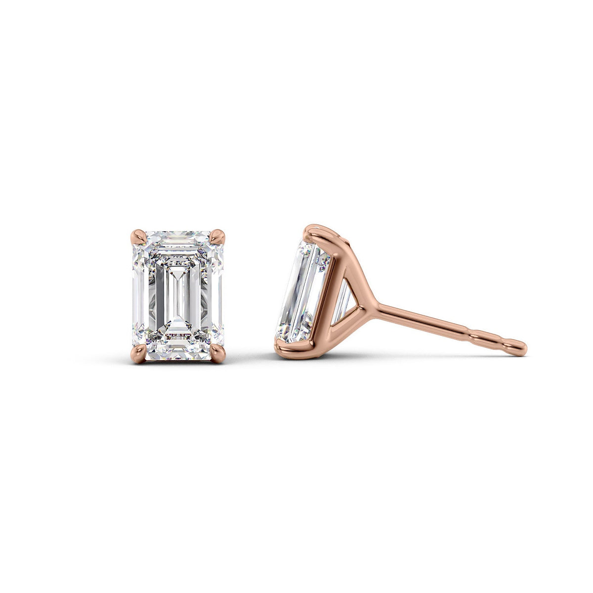 Stud Earrings Set With Emerald Lab Diamonds. A Rose Gold Diamond Stud Earrings Set With 3tcw Emerald Lab Diamonds (1.5ct Each). White Background.