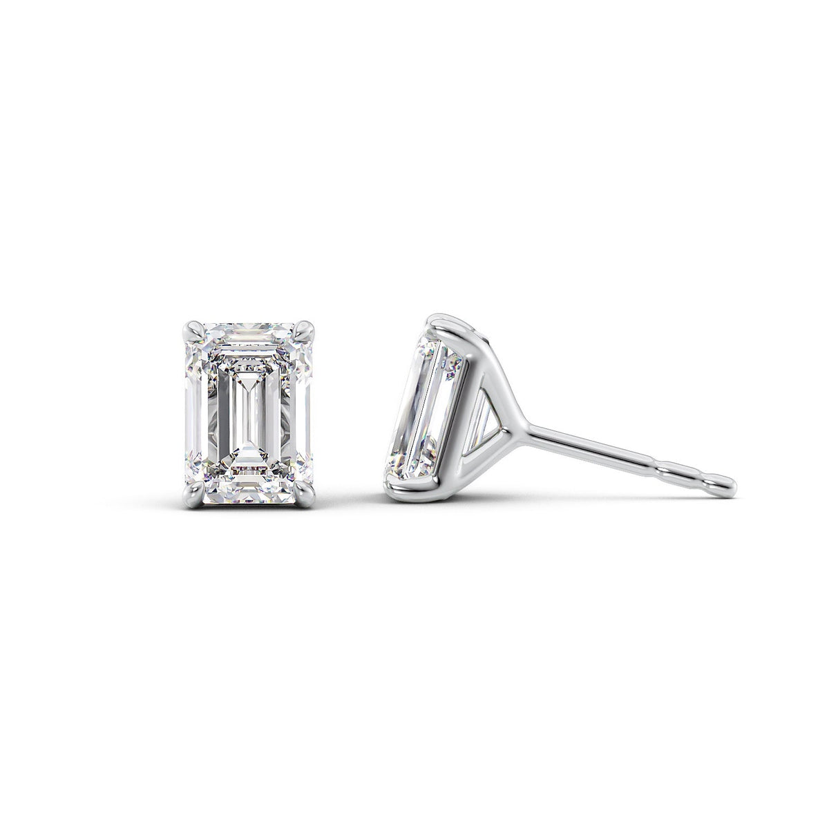 Stud Earrings Set With Emerald Lab Diamonds. A White Gold Diamond Stud Earrings Set With 3tcw Emerald Lab Diamonds (1.5ct Each). White Background.