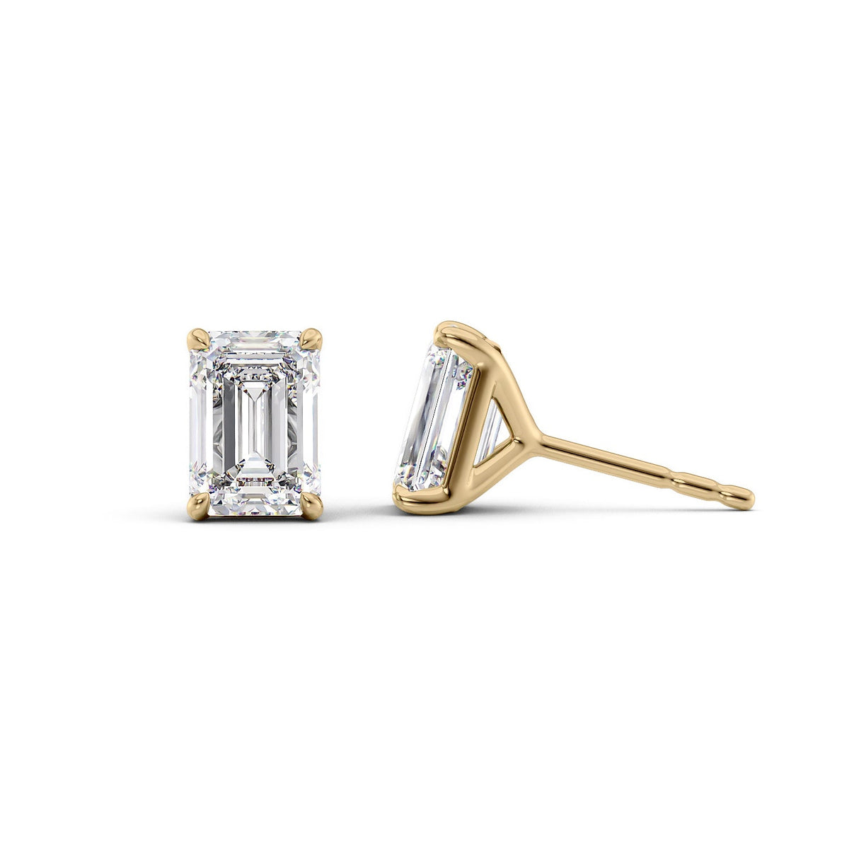 Stud Earrings Set With Emerald Lab Diamonds. A Yellow Gold Diamond Stud Earrings Set With 3tcw Emerald Lab Diamonds (1.5ct Each). White Background.