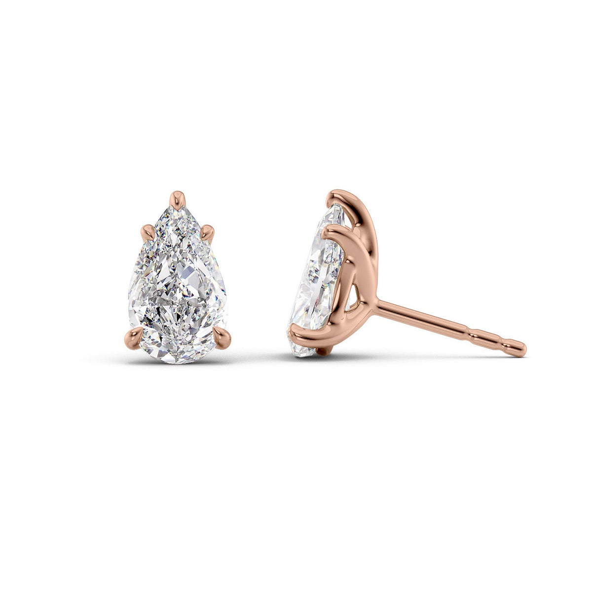 Stud Earrings Set With Pear Lab Diamonds. A Rose Gold Diamond Stud Earrings Set With A 2ct Princess Lab Diamond. White Background.