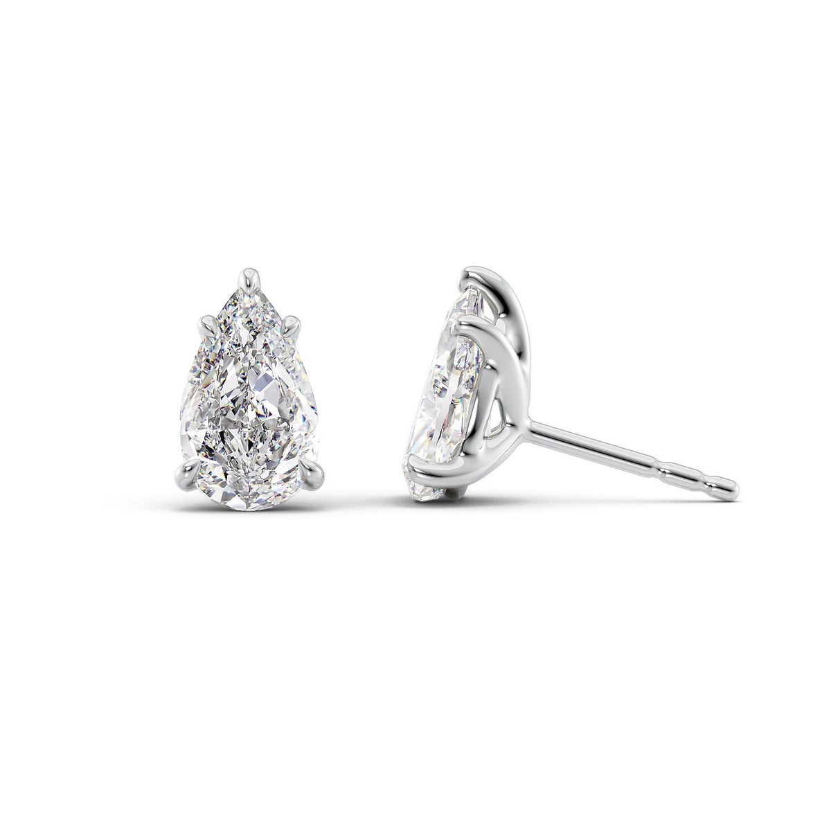 Stud Earrings Set With Pear Lab Diamonds. A White Gold Diamond Stud Earrings Set With A 5ct Princess Lab Diamond. White Background.