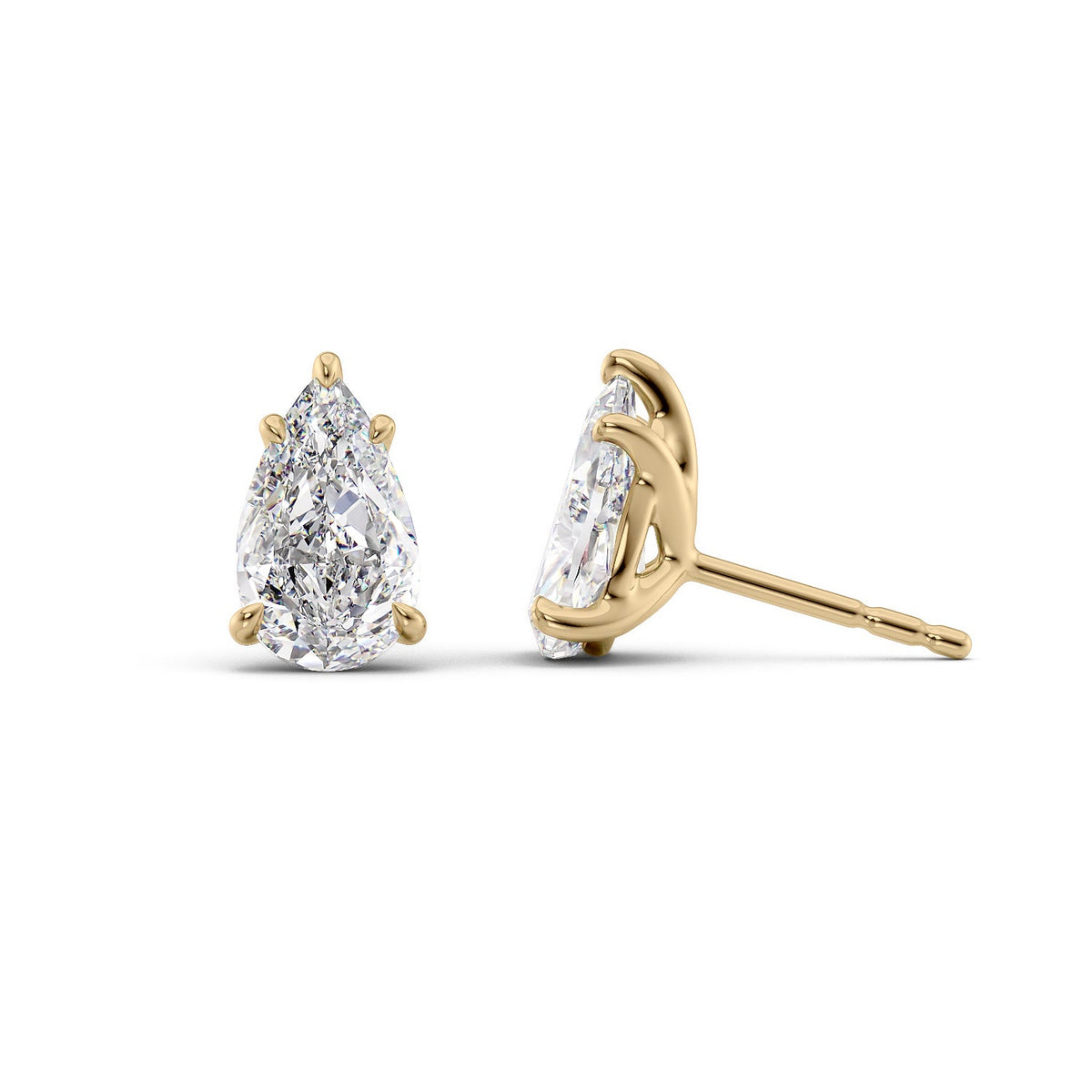 Stud Earrings Set With Pear Lab Diamonds. A Yellow Gold Diamond Stud Earrings Set With A 2ct Princess Lab Diamond. White Background.