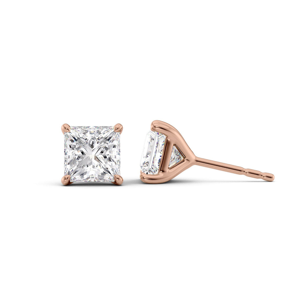 Stud Earrings Set With Princess Lab Diamonds. A Rose Gold Diamond Stud Earrings Set With 3tcw Princess Lab Diamonds (1.5ct Each). White Background.