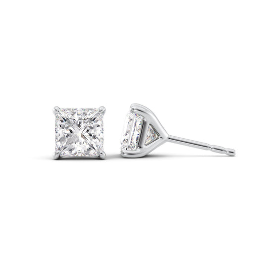 Stud Earrings Set With Princess Lab Diamonds. A White Gold Diamond Stud Earrings Set With A 1ct Pear Lab Diamond. White Background.