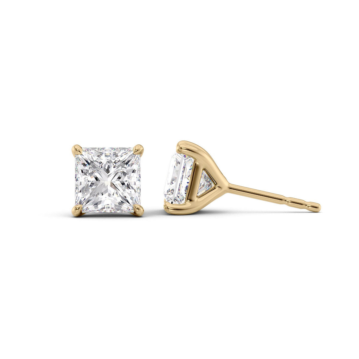 Stud Earrings Set With Princess Lab Diamonds. A Yellow Gold Diamond Stud Earrings Set With A 1ct Pear Lab Diamond. White Background.
