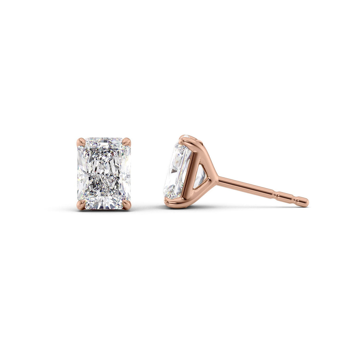 Stud Earrings Set With Radiant Lab Diamonds. A Rose Gold Diamond Stud Earrings Set With A 3ct Radiant Lab Diamond. White Background.
