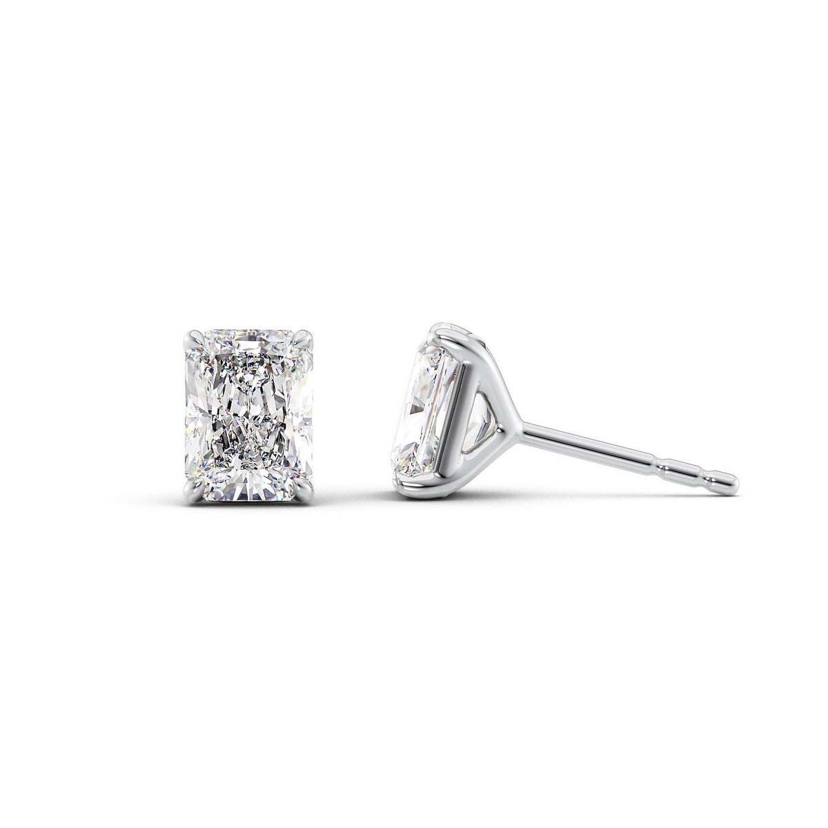 Stud Earrings Set With Radiant Lab Diamonds. A White Gold Diamond Stud Earrings Set With A 2ct Radiant Lab Diamond. White Background.