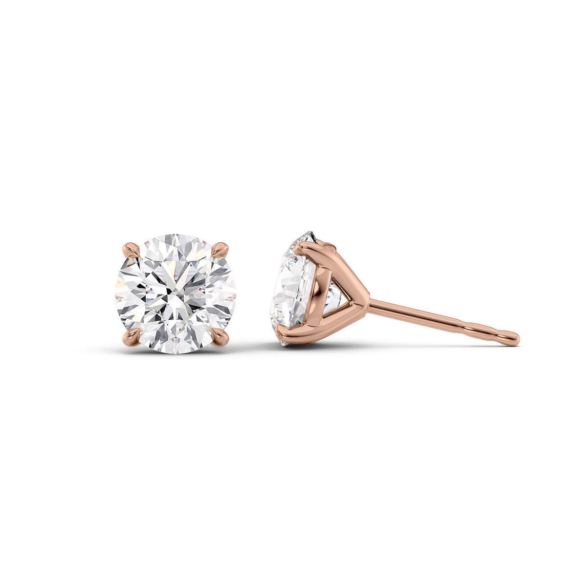 Stud Earrings Set With Round Lab Diamonds. A Rose Gold Diamond Stud Earrings Set With 3tcw Round Lab Diamonds (1.5ct Each). White Background.