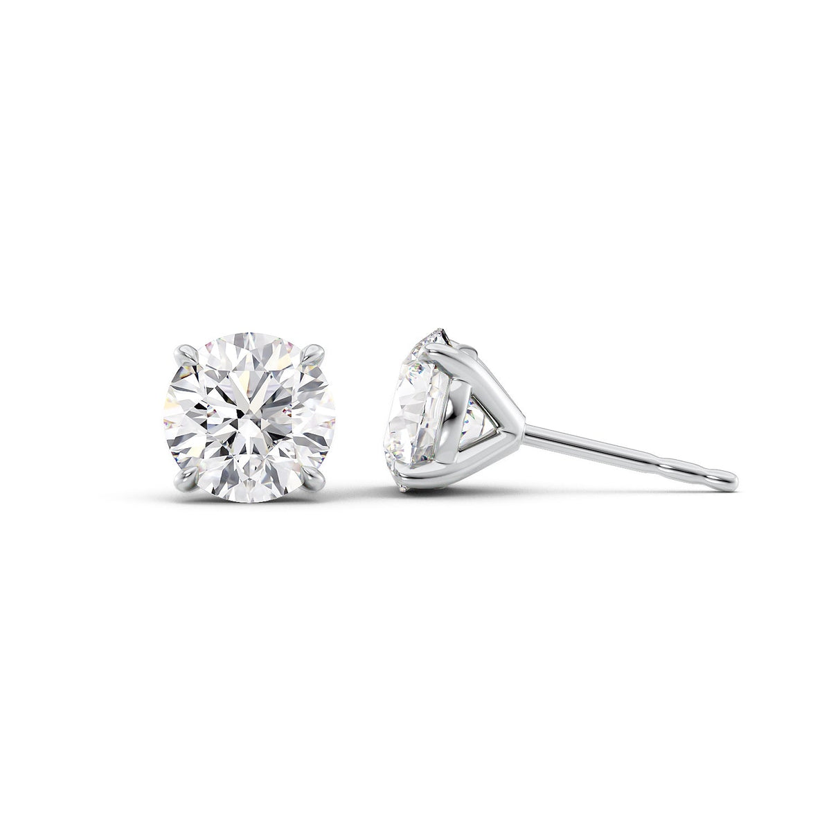 Stud Earrings Set With Round Lab Diamonds. A White Gold Diamond Stud Earrings Set With 3tcw Round Lab Diamonds (1.5ct Each). White Background.