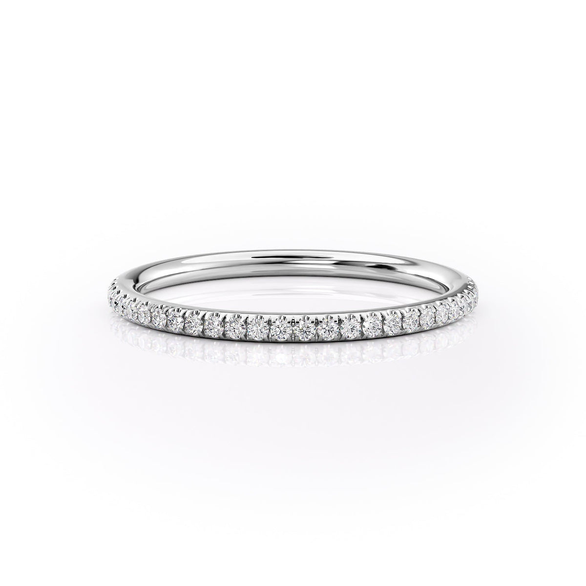 The 1.5mm Helen. A White Gold Pave Wedding Band Set With 0.15tcw Round Lab Grown Diamonds. White Background.