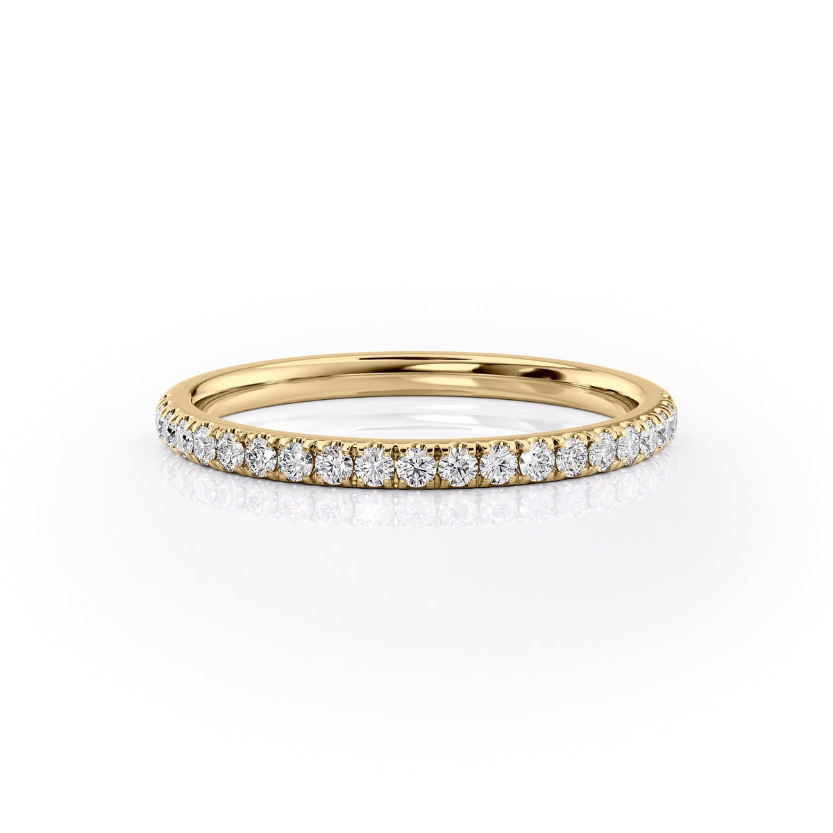 The 1.8mm Helen. A Yellow Gold Pave Wedding Band Set With 0.18tcw Round Lab Grown Diamonds. White Background.