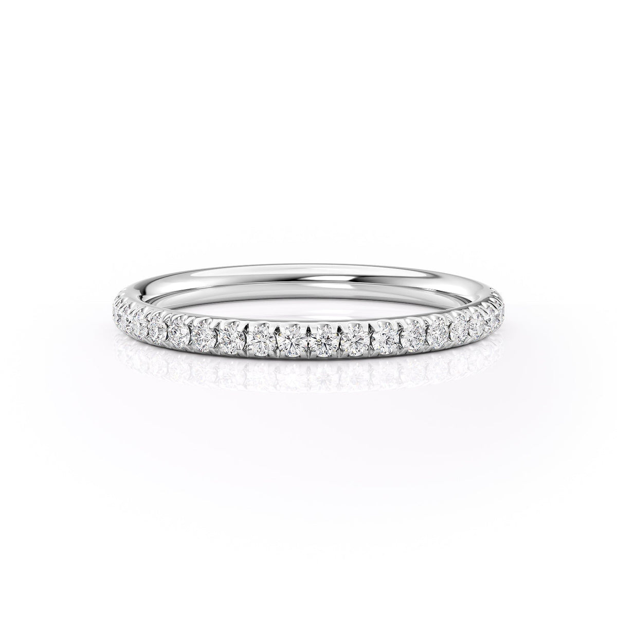 The 2mm Helen. A White Gold Pave Wedding Band Set With 0.3tcw Round Lab Grown Diamonds. White Background.