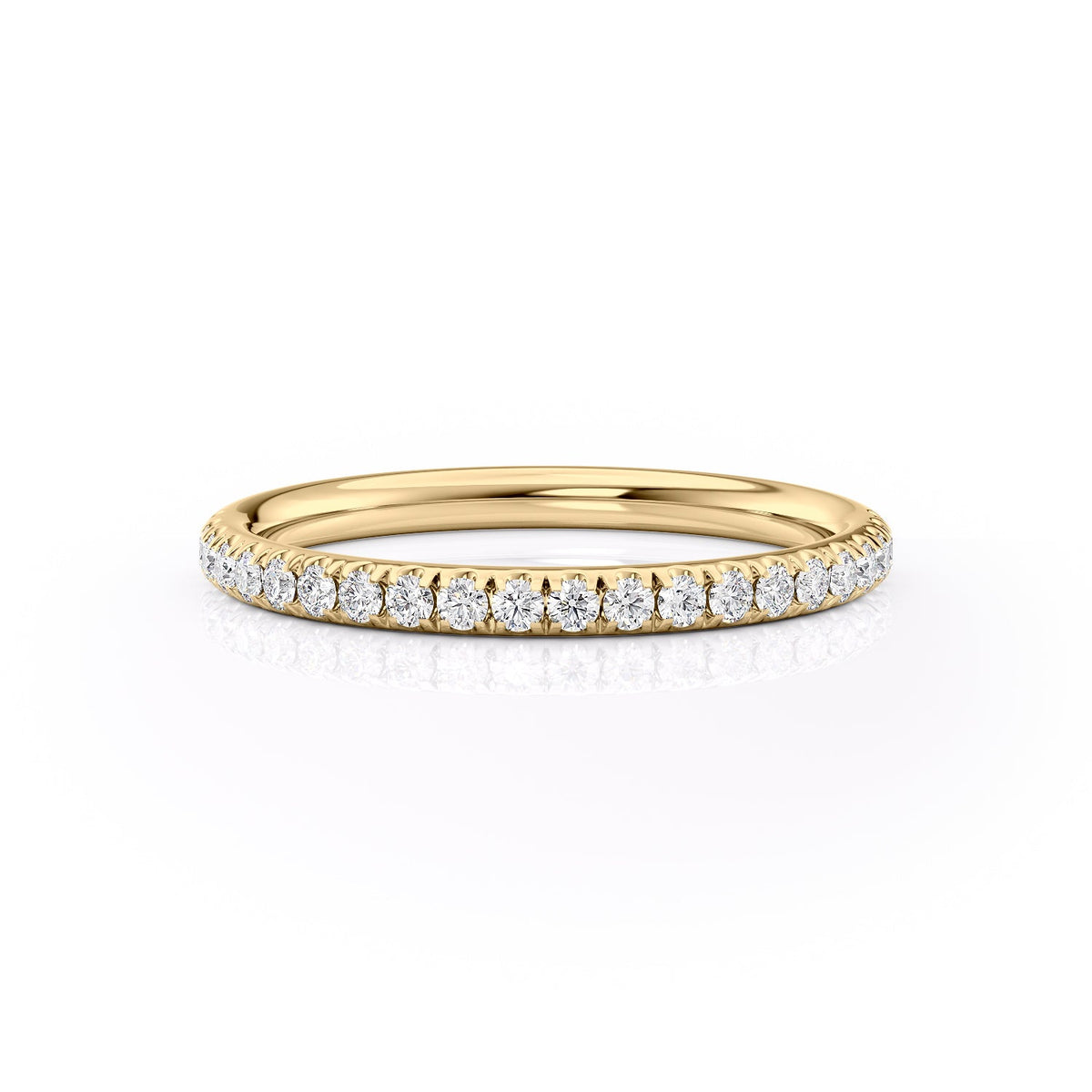 The 2mm Helen. A Yellow Gold Pave Wedding Band Set With 0.3tcw Round Lab Grown Diamonds. White Background.