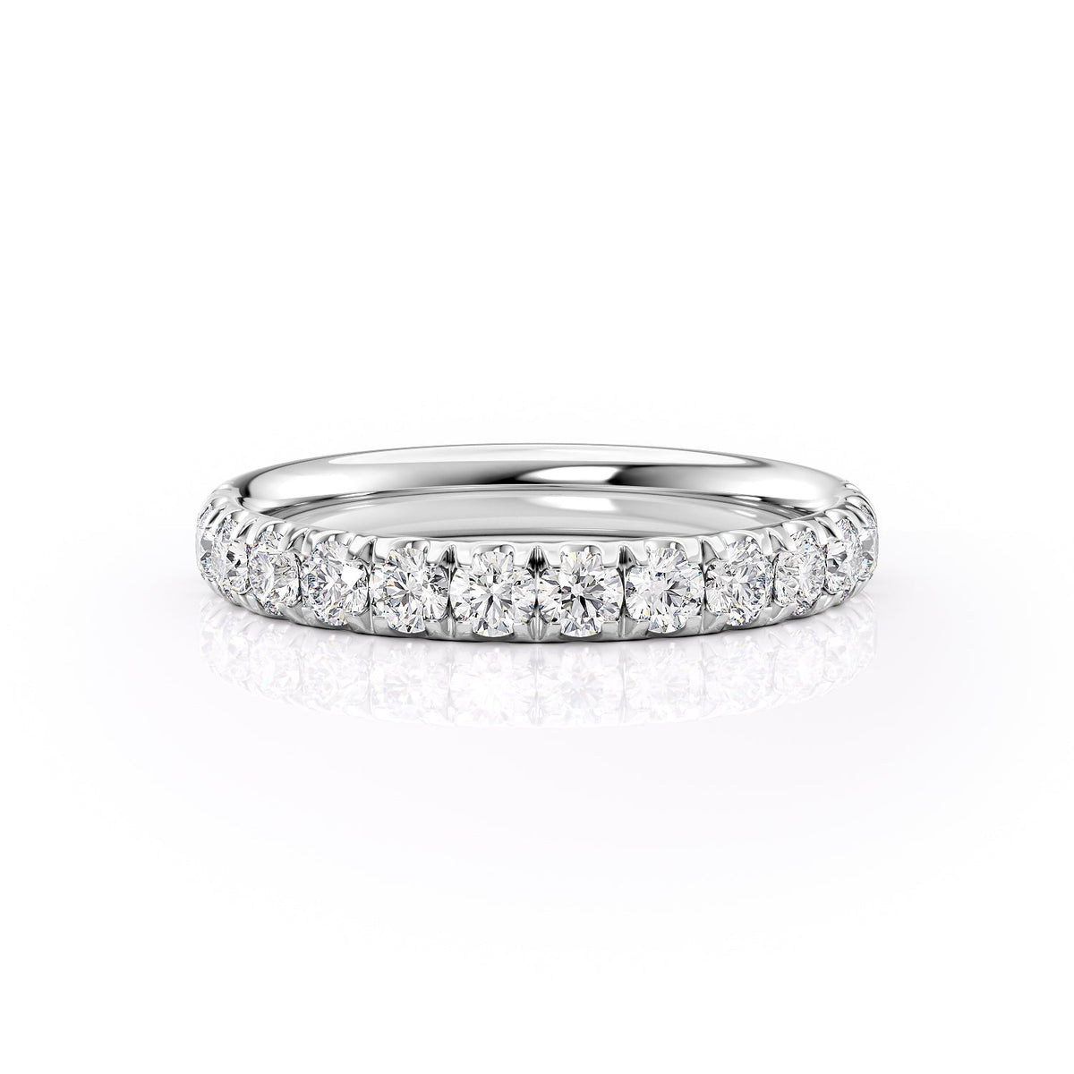The 3mm Helen. A White Gold Pave Wedding Band Set With 0.8tcw Round Lab Grown Diamonds. White Background.