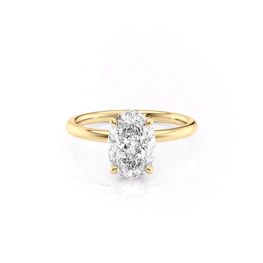 The Alex. A Yellow Gold Solitaire, Hidden Halo Engagement Ring Set With A 2ct Oval Lab Grown Diamond. White Background.