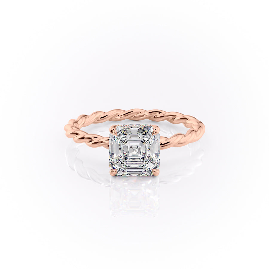 The Alice. A Rose Gold Solitaire, Hidden Halo Engagement Ring Set With A 2ct Asscher Lab Grown Diamond. White Background.