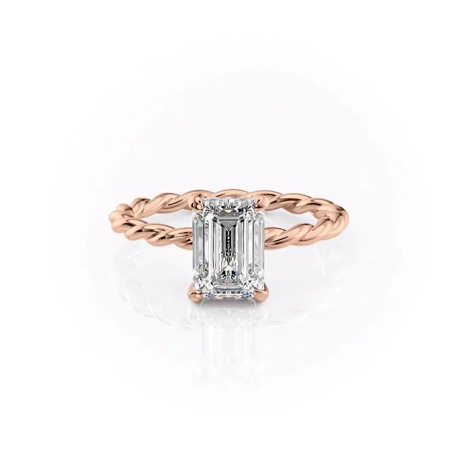 The Alice. A Rose Gold Solitaire, Hidden Halo Engagement Ring Set With A 2ct Emerald Lab Grown Diamond. White Background.