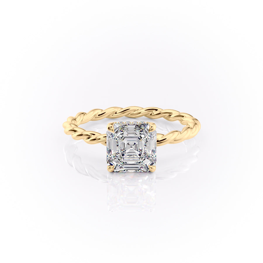The Alice. A Yellow Gold Solitaire, Hidden Halo Engagement Ring Set With A 2ct Asscher Lab Grown Diamond. White Background.