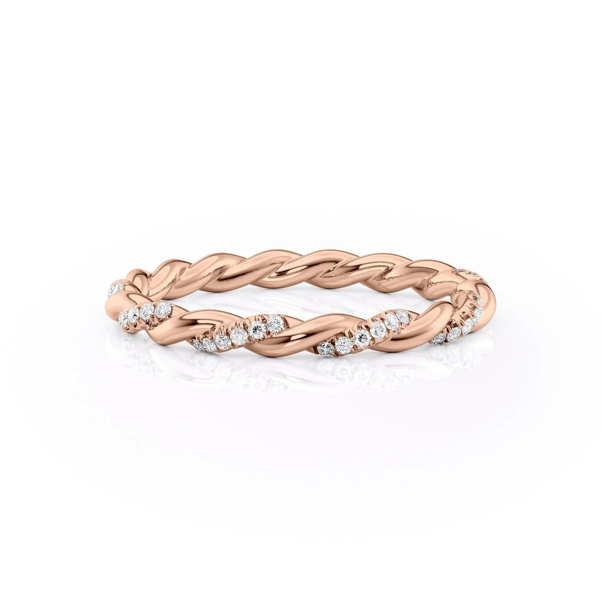 The Alice. A Rose Gold Pave Wedding Band Set With 0.05tcw Round Lab Grown Diamonds. White Background.
