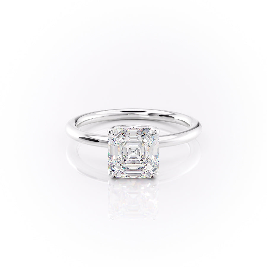 The Alison. A White Gold Solitaire Engagement Ring Set With A 2ct Asscher Lab Grown Diamond. White Background.