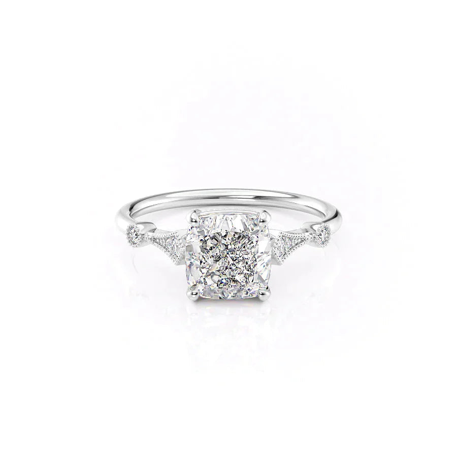 The Amber. A White Gold Vintage, Side Stones Engagement Ring Set With A 2ct Cushion Lab Grown Diamond. White Background.
