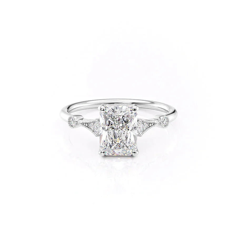 The Amber. A White Gold Vintage, Side Stones Engagement Ring Set With A 2ct Radiant Lab Grown Diamond. White Background.
