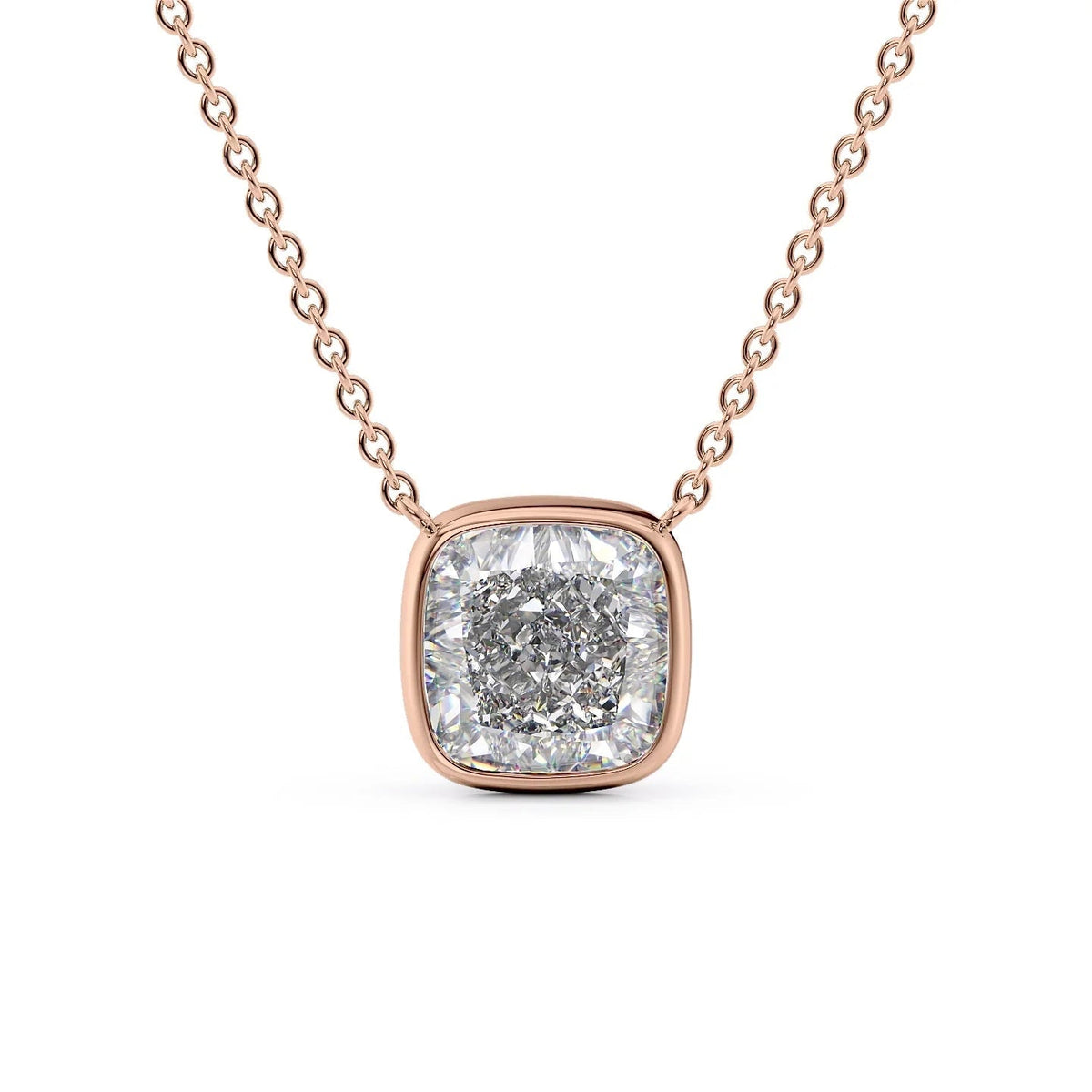 The Amelia. A Rose Gold Pendant Set With A 2ct Cushion Lab Grown Diamond. White Background.