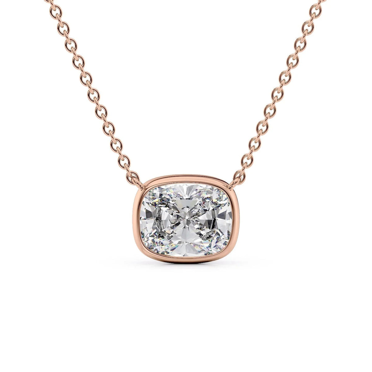 The Amelia. A Rose Gold Pendant Set With A 2ct Elongated Cushion Lab Grown Diamond. White Background.