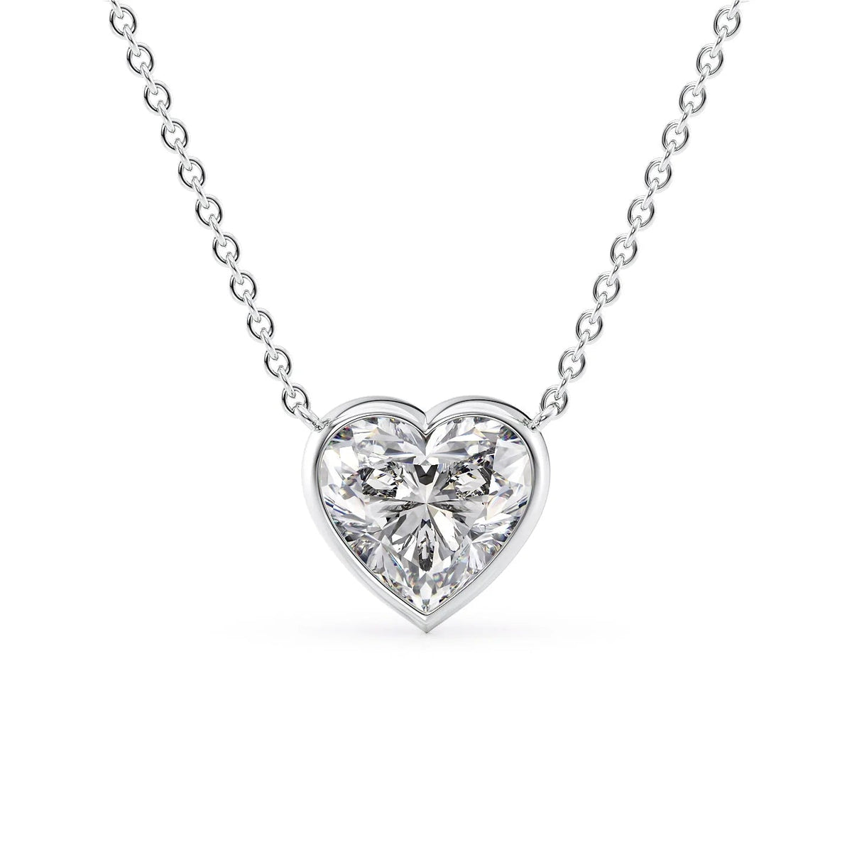 The Amelia. A White Gold Pendant Set With A 2ct Heart Lab Grown Diamond. White Background.