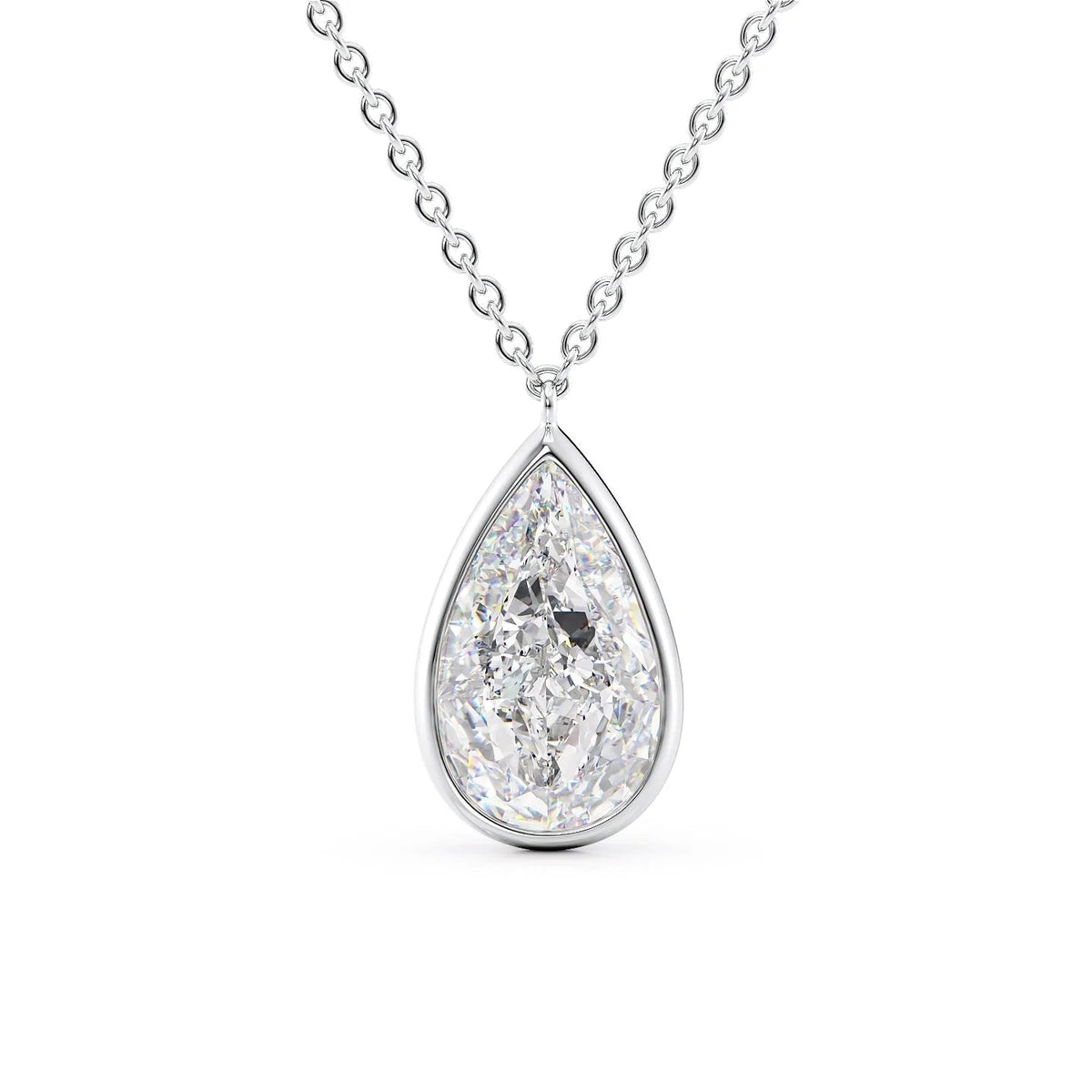 The Amelia. A White Gold Pendant Set With A 2ct Pear Lab Grown Diamond. White Background.
