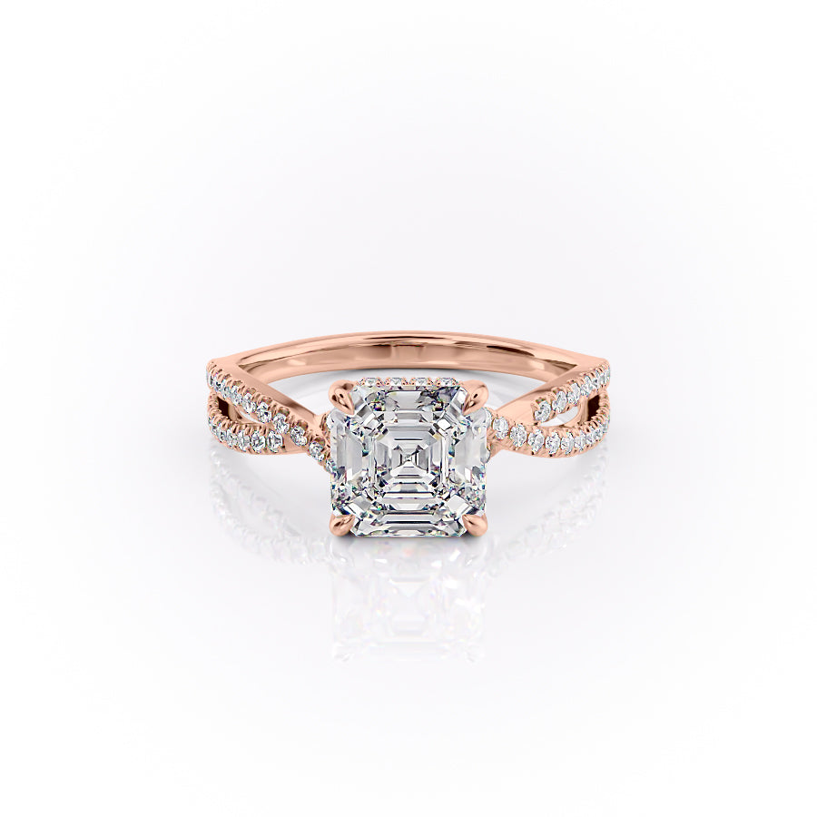 The Angelina. A Rose Gold Pave, Hidden Halo Engagement Ring Set With A 2ct Asscher Lab Grown Diamond. White Background.
