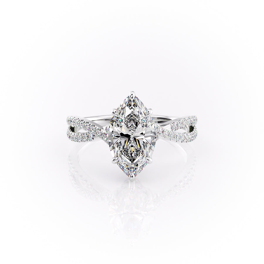 The Angelina. A White Gold Pave, Hidden Halo Engagement Ring Set With A 2ct Marquise Lab Grown Diamond. White Background.
