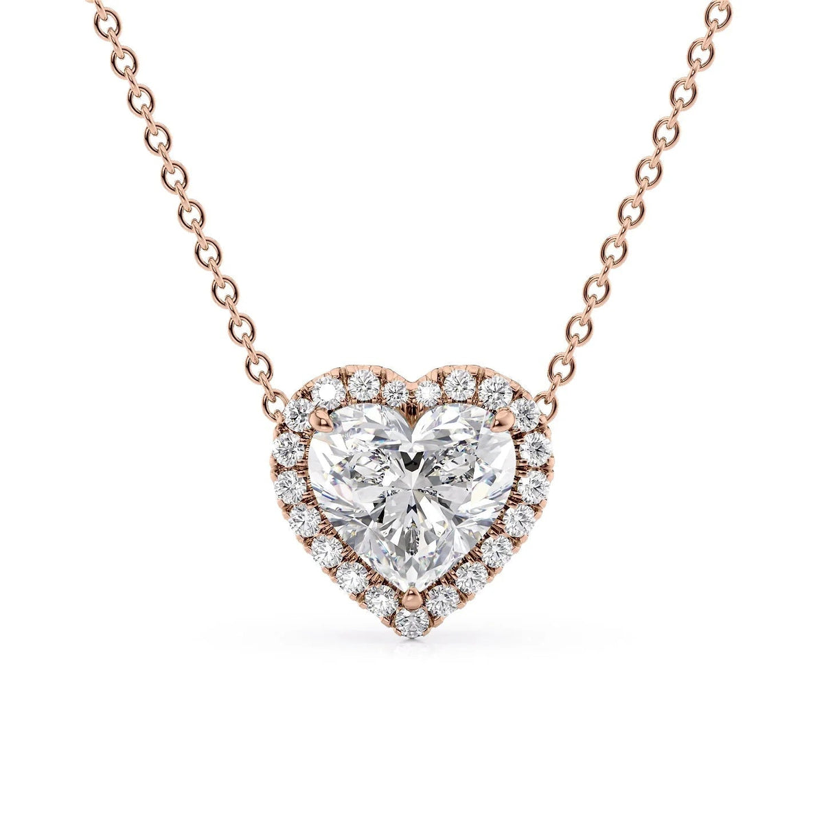 The Ariana. A Rose Gold Pendant Set With A 2ct Heart Lab Grown Diamond. White Background.