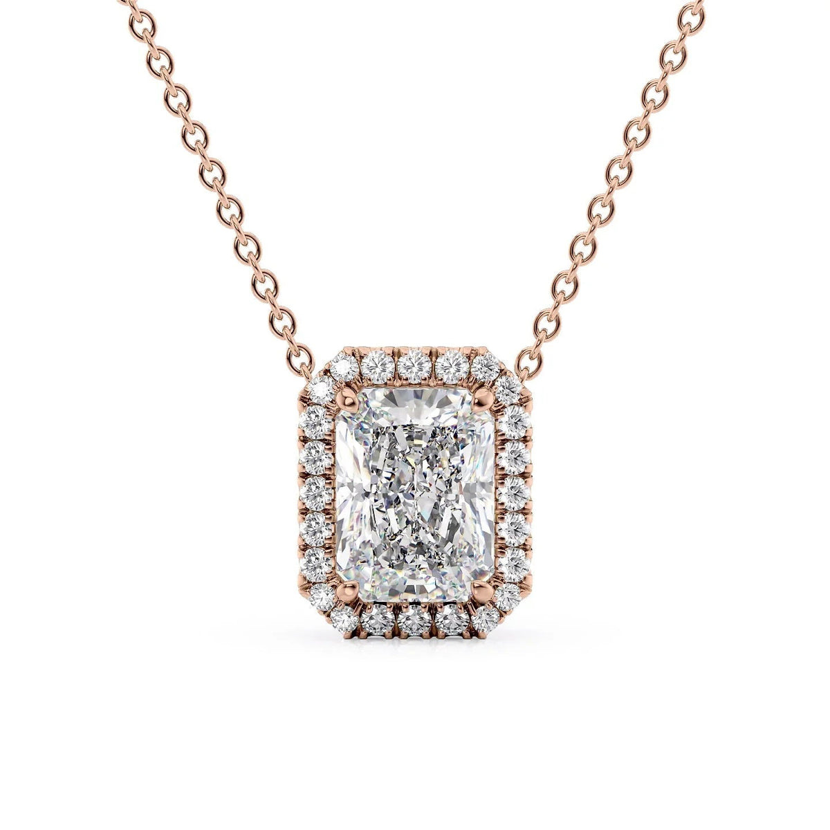 The Ariana. A Rose Gold Pendant Set With A 2ct Radiant Lab Grown Diamond. White Background.