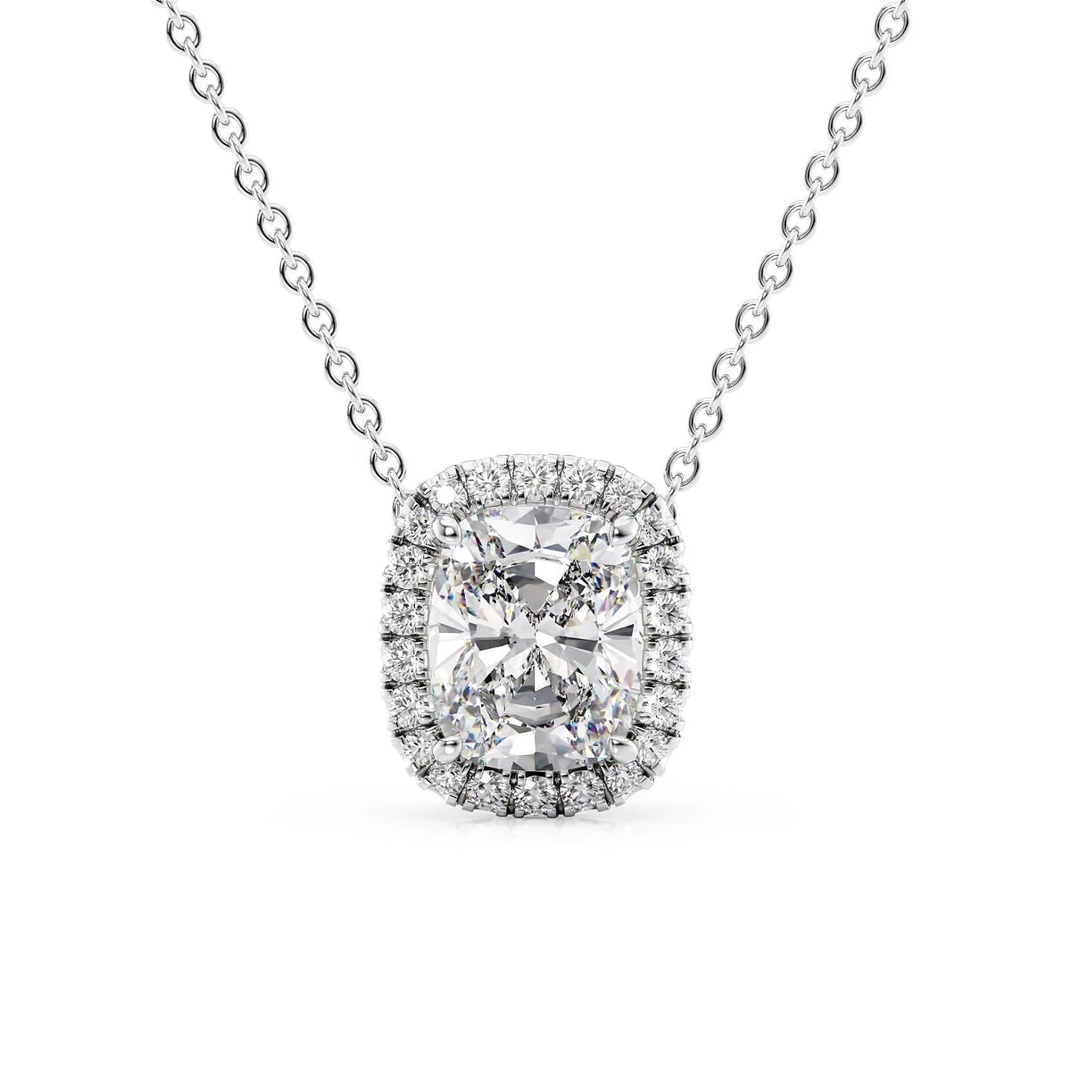 The Ariana. A White Gold Pendant Set With A 2ct Elongated Cushion Lab Grown Diamond. White Background.