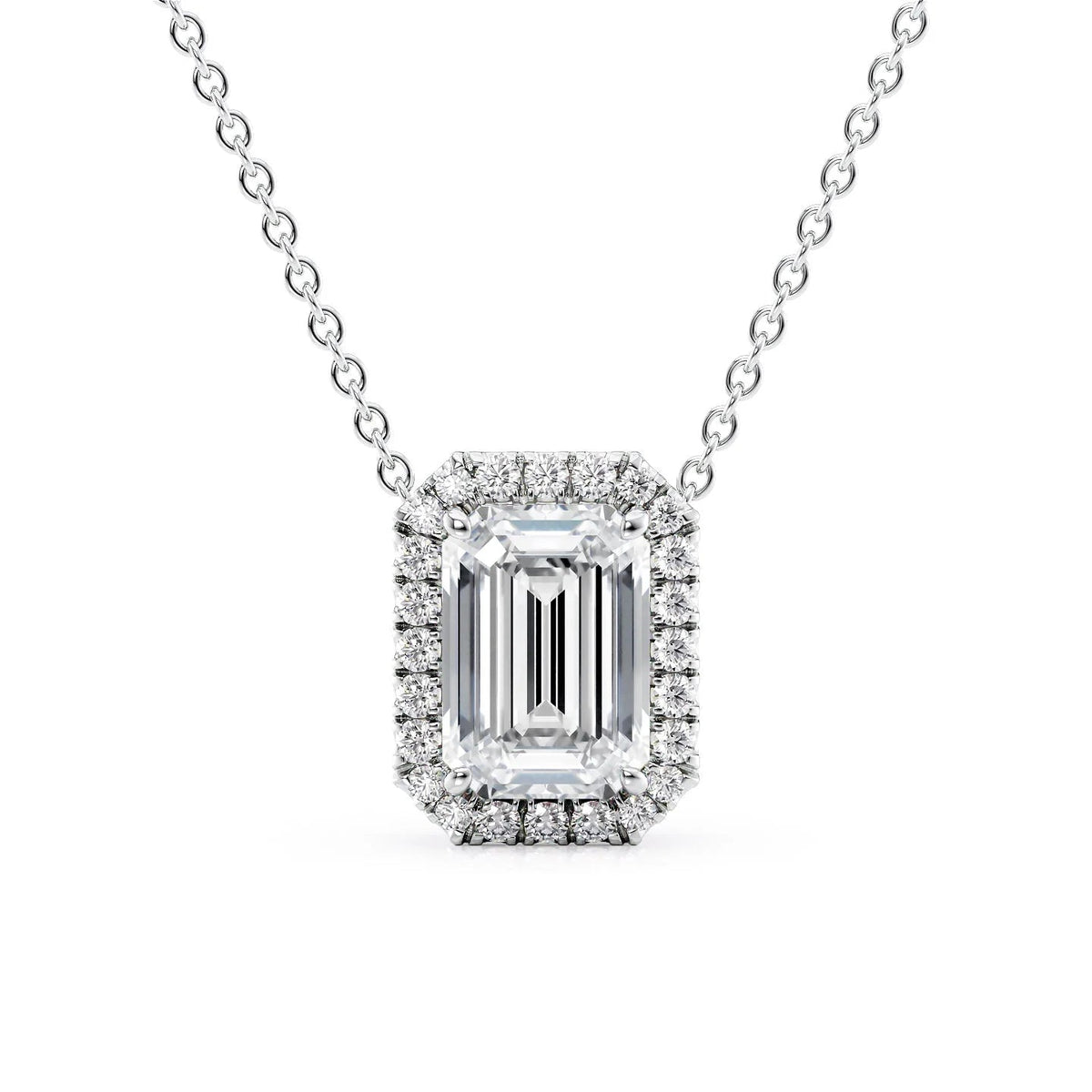 The Ariana. A White Gold Pendant Set With A 2ct Emerald Lab Grown Diamond. White Background.